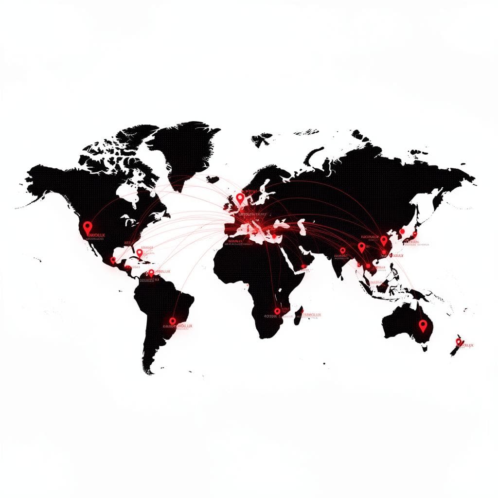 Mapa mundial con ubicaciones de compradores internacionales y red de agentes colaboradores de Inmolux