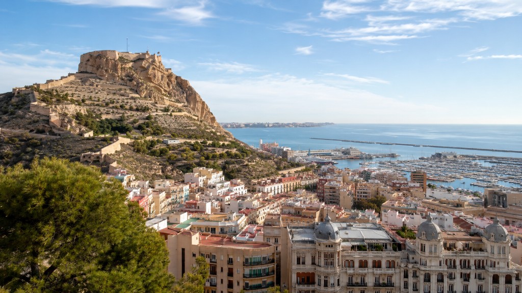 Panorama von Alicante mit der Burg Santa Bárbara, der Innenstadt und dem Yachthafen am Mittelmeer